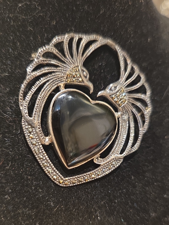 vintage 925 Jewelry - Silver-Tone Heart Brooch with Black Heart Stone
